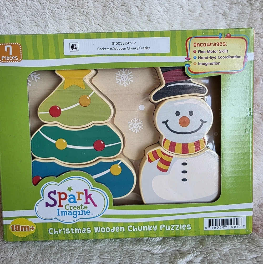 New Spark Create Imagine Christmas Wooden Chunky Puzzles, Base & 6 Puzzle Pieces
